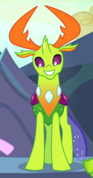 Size: 519x990 | Tagged: safe, screencap, thorax, changedling, changeling, celestial advice, g4, antlers, cropped, king thorax, looking at you, male, smiling, solo