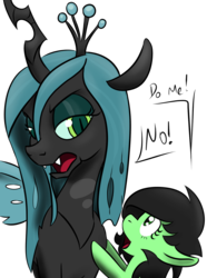 Size: 1176x1578 | Tagged: safe, artist:lockhe4rt, queen chrysalis, oc, oc only, oc:filly anon, changeling, changeling queen, earth pony, pony, g4, female, filly, simple background, talking