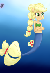 Size: 1000x1450 | Tagged: safe, artist:liniitadash23, applejack, mermaid, seapony (g4), equestria girls, g4, my little pony: the movie, alternate hairstyle, belly button, clothes, crossed arms, female, fins, mermaid tail, ocean, ponied up, pony ears, seaponified, seapony applejack, show accurate, smiling, solo, species swap, underwater