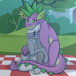 Size: 2048x2048 | Tagged: safe, artist:percy-mcmurphy, silver spoon, spike, dragon, earth pony, pony, g4, adult, adult spike, crack shipping, female, high res, jewelry, male, necklace, older, older silver spoon, older spike, outdoors, picnic, pregnant, ship:silverspike, shipping, straight