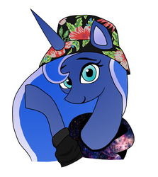 Size: 1554x1746 | Tagged: safe, artist:iyoungsavage, princess luna, alicorn, pony, g4, clothes, female, hat, jacket, looking at you, mare, raised hoof, smiling, solo