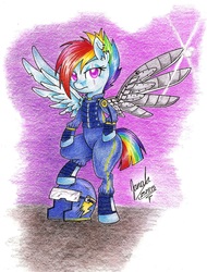 Size: 1595x2095 | Tagged: safe, artist:janadashie, rainbow dash, pony, g4, alternate timeline, apocalypse dash, crystal war timeline, female, solo, torn ear, traditional art