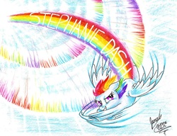 Size: 2066x1586 | Tagged: safe, artist:janadashie, rainbow dash, pony, g4, female, rainbow trail, solo, sonic rainboom, traditional art