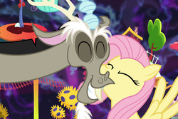Size: 6000x4000 | Tagged: safe, artist:spottedlions, discord, fluttershy, draconequus, pegasus, pony, discordant harmony, g4, absurd resolution, cheek kiss, cute, discord's house, discute, eyes closed, female, hilarious in hindsight, i can't believe it's not hasbro studios, kissing, male, mare, ship:discoshy, shipping, smiling, stallion, straight, the discord zone