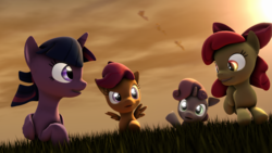 Size: 1920x1080 | Tagged: safe, artist:wiizzie, apple bloom, scootaloo, sweetie belle, twilight sparkle, alicorn, pony, g4, 3d, cutie mark crusaders, grass, running, twilight sparkle (alicorn)
