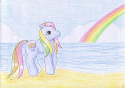 Size: 1024x722 | Tagged: safe, artist:normaleeinsane, rainbow swirl, pony, g3, beach, female, rainbow, solo, traditional art