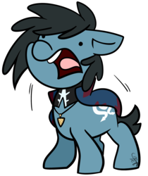 Size: 2413x2867 | Tagged: safe, artist:befishproductions, oc, oc only, oc:vidox, earth pony, pony, cape, chibi, clothes, floppy ears, high res, male, screaming, signature, simple background, solo, stallion, transparent background