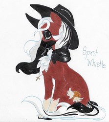 Size: 535x599 | Tagged: safe, artist:frozensoulpony, oc, oc only, oc:spirit whistle, earth pony, pony, female, hat, mare, offspring, parent:cherry jubilee, sitting, solo, traditional art
