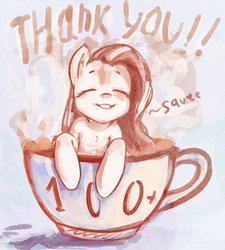 Size: 618x687 | Tagged: safe, artist:mirroredsea, fluttershy, pony, g4, cappuccino, cup, cup of pony, enjoying, eyes closed, female, followers, micro, milestone, smiling, solo, squee, thank you