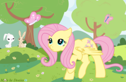 Size: 1024x666 | Tagged: safe, artist:reshiram-zekromlover, angel bunny, fluttershy, butterfly, pegasus, pony, g4, day, duo, floppy ears, forest, looking at something, looking up, raised hoof, unsure, walking