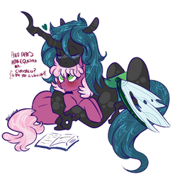 Size: 1200x1217 | Tagged: dead source, safe, artist:soft-arthropod, cheerilee, queen chrysalis, changeling, earth pony, pony, g4, alternate hairstyle, blushing, cheeribetes, chryslee, crack shipping, cuddling, cute, cutealis, derpyluna daily, dialogue, female, heart, hug, lesbian, mare, missing accessory, prone, shipping, simple background, white background