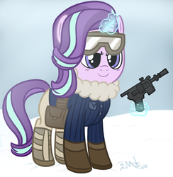 Size: 986x1009 | Tagged: safe, artist:brusuky, starlight glimmer, pony, unicorn, g4, blaster, clothes, crossover, energy weapon, female, glowing horn, gun, han solo, handgun, hooves, horn, hoth, levitation, magic, mare, solo, star wars, telekinesis, weapon