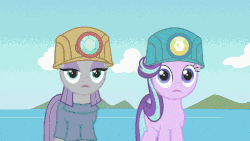 Size: 960x540 | Tagged: safe, color edit, edit, edited screencap, screencap, maud pie, starlight glimmer, earth pony, pony, unicorn, g4, rock solid friendship, animated, backdrop, cloud, color cycling, colored, cropped, dilated pupils, duo, female, gif, hard hat, hat, helmet, island, loop, mining helmet, ocean, psychedelic, shrunken pupils, sky, trippy, water