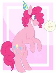 Size: 1035x1348 | Tagged: safe, artist:jaspering, pinkie pie, earth pony, pony, g4, bipedal, female, hat, i'm gay, lesbian, mare, party hat, solo, starry eyes, wingding eyes