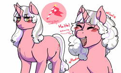 Size: 1600x960 | Tagged: safe, artist:daydreamdollop, oc, oc only, oc:parade, pony, unicorn, blushing, female, laughing, mare, offspring, parent:pinkie pie, parent:pokey pierce, parents:pokeypie, reference sheet, solo