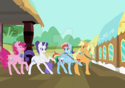 Size: 1024x721 | Tagged: safe, artist:uniquecolorchaos, applejack, pinkie pie, rainbow dash, rarity, oc, oc:silver lining, pony, g4, foal, offspring, older, parent:pinkie pie, parent:pokey pierce, parents:pokeypie, train, watermark