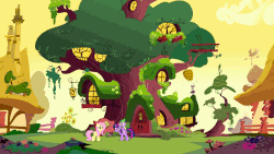 Size: 1152x648 | Tagged: safe, screencap, fluttershy, spike, twilight sparkle, bee, dragon, friendship is magic, g4, animated, balcony, bush, flower, gif, golden oaks library, hive, lantern, looking up, ponyville, scenery, tree