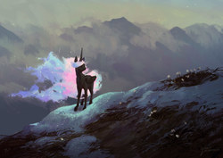 Size: 4961x3508 | Tagged: safe, artist:quiet-victories, princess luna, pony, g4, absurd resolution, cloud, female, flower, folded wings, mountain, scenery, solo, standing