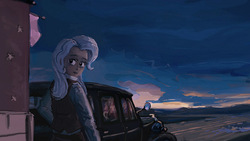 Size: 1024x576 | Tagged: safe, artist:agm, trixie, human, g4, 20s, 30s, car, female, humanized, scenery, solo, wandering trixie