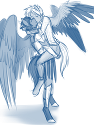 Size: 3000x4000 | Tagged: safe, artist:askbubblelee, oc, oc only, oc:daniel dasher, oc:singe, dracony, hybrid, pegasus, anthro, unguligrade anthro, anthro oc, armor, carrying, clothes, couple, freckles, gay, kissing, male, monochrome, oc x oc, royal guard, shipping, simple background, sketch, stallion