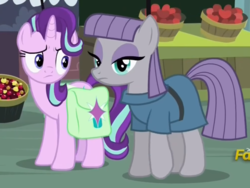 Size: 1328x997 | Tagged: safe, screencap, maud pie, starlight glimmer, earth pony, pony, g4, rock solid friendship, apple, cherry, cropped, discovery family logo, food, fruit, saddle bag