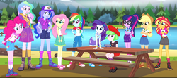 Size: 1324x586 | Tagged: safe, screencap, applejack, drama letter, fluttershy, pinkie pie, princess celestia, princess luna, principal celestia, rainbow dash, rarity, sci-twi, sunset shimmer, twilight sparkle, vice principal luna, watermelody, human, equestria girls, g4, my little pony equestria girls: legend of everfree, balloon, boots, bracelet, camp everfree outfits, cap, converse, cowboy boots, crescent moon, cutie mark on clothes, female, hand on hip, hat, heart, humane five, humane seven, humane six, jeans, jewelry, legs, log, moon, mountain, pants, river, sash, shoes, shorts, sleeveless, sneakers, socks, sun, table, tank top, tree, wristband