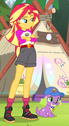 Size: 374x676 | Tagged: safe, screencap, spike, spike the regular dog, sunset shimmer, dog, equestria girls, g4, my little pony equestria girls: legend of everfree, boots, camp everfree outfits, clothes, crossed arms, legs, mountain, shorts, socks, sun, tent, tree