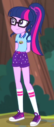 Size: 214x502 | Tagged: safe, screencap, sci-twi, twilight sparkle, equestria girls, g4, my little pony equestria girls: legend of everfree, camp everfree outfits, clothes, converse, cropped, female, glasses, hands behind back, shoes, shorts, sneakers, socks, solo, tree