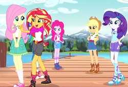 Size: 932x636 | Tagged: safe, screencap, applejack, fluttershy, pinkie pie, rainbow dash, rarity, sunset shimmer, equestria girls, g4, my little pony equestria girls: legend of everfree, balloon, boots, bracelet, camp everfree outfits, clothes, converse, cowboy boots, cute, embrace the magic, female, heart, humane five, jewelry, mountain, pier, raised leg, river, shoes, shorts, sneakers, socks, sun, tree