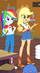 Size: 268x484 | Tagged: safe, screencap, applejack, rainbow dash, spike, spike the regular dog, dog, equestria girls, g4, my little pony equestria girls: legend of everfree, boots, camp everfree outfits, cap, clothes, converse, cowboy boots, cropped, cup, hand on hip, hat, jeans, pants, shoes, sock, trash can, wristband