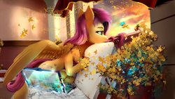 Size: 1920x1080 | Tagged: safe, artist:discordthege, fluttershy, butterfly, pegasus, pony, g4, cloud, computer, cute, female, flower, futuristic, laptop computer, leaf, mare, shyabetes, sky, smiling, solo, sunset