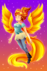 Size: 3000x4500 | Tagged: safe, artist:scarlet-spectrum, sunset shimmer, human, equestria girls, g4, my past is not today, boots, breasts, clothes, eyes closed, female, floating, high heel boots, high res, human coloration, humanized, smiling, solo, spread wings, sunset, sunset phoenix, twilight (astronomy), wings