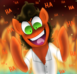 Size: 1600x1550 | Tagged: safe, artist:crazynutbob, oc, oc only, oc:tomato sandwich, pony, burning, button-up shirt, caffeine, chest fluff, curly mane, fire, maniacal laugh, messy mane, pure unfiltered evil, rolled up sleeves, shadows, shrunken pupils, slasher smile, solo, some men just want to watch the world burn, sparks