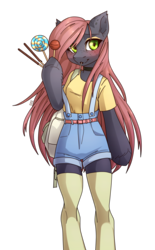 Size: 1863x3014 | Tagged: safe, artist:miioko, oc, oc only, oc:mitra, anthro, unguligrade anthro, anthro oc, arm hooves, blushing, candy, choker, clothes, female, food, freckles, lollipop, mare, pocky, shirt, shorts, simple background, socks, solo, t-shirt, thigh highs, transparent background, unshorn fetlocks, zettai ryouiki