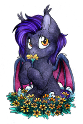 Size: 815x1220 | Tagged: safe, artist:red-watercolor, oc, oc only, oc:dawn sentry, bat pony, pony, female, flower, mare, solo, traditional art, watercolor painting