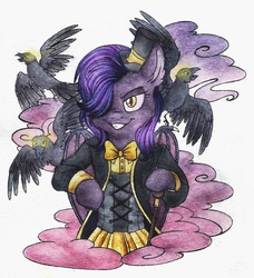 Size: 1063x1165 | Tagged: safe, artist:red-watercolor, oc, oc only, oc:dawn sentry, bat pony, bird, pony, raven (bird), female, flower, hair over one eye, hat, mare, solo, traditional art, watercolor painting