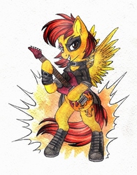 Size: 1066x1357 | Tagged: safe, artist:red-watercolor, oc, oc only, oc:firetale, pegasus, pony, bipedal, boots, clothes, female, flower, guitar, jacket, leather jacket, makeup, mare, rock (music), rocker, solo, traditional art, watercolor painting