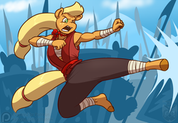 Size: 1000x693 | Tagged: safe, artist:ethanqix, applejack, earth pony, anthro, unguligrade anthro, g4, armpits, clothes, dungeons and dragons, female, fight, hatless, hoof feet, kicking, mare, martial arts, missing accessory, monk, muscles, solo, warrior monk