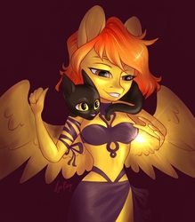 Size: 1747x1998 | Tagged: safe, artist:hollybright, oc, oc only, oc:firetale, cat, pegasus, anthro, bra, clothes, female, magic, mare, sarong, underwear