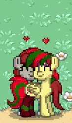 Size: 256x439 | Tagged: safe, artist:lullabytrace, oc, oc only, oc:attraction, oc:ponepony, pony, pony town, animated, attypone, blushing, cuddling, cute, gif, heart, kissing, pixel animation, pixel art