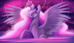 Size: 2560x1480 | Tagged: safe, artist:minelvi, princess luna, alicorn, pony, g4, alternate design, ethereal mane, eyelashes, female, horn, horn jewelry, jewelry, makeup, mare, raised hoof, sitting, solo, spread wings, starry mane, wings
