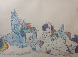 Size: 2577x1897 | Tagged: safe, artist:mlplover1987, rainbow dash, soarin', oc, oc:ragtag, oc:shooting star, pony, g4, cloud, colored wings, colored wingtips, family, female, filly, male, new style, offspring, parent:rainbow dash, parent:soarin', parents:soarindash, ship:soarindash, shipping, simple background, straight, traditional art