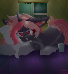 Size: 1924x2079 | Tagged: safe, artist:vanillaswirl6, oc, oc only, oc:lillith, pony, unicorn, :p, :t, annoyed, art trade, bed, blank flank, blanket, bored, colored eyelashes, colored pupils, cup, curtains, drool, dust, ear fluff, female, floppy ears, freckles, glass, glass of water, hug, lidded eyes, lying on bed, mare, multicolored hair, photoshop, pillow, prone, rain, room, scrunchy face, slit pupils, solo, squishy cheeks, tongue out, unamused, wall, water