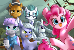 Size: 1772x1181 | Tagged: safe, artist:renokim, boulder (g4), cloudy quartz, igneous rock pie, limestone pie, marble pie, maud pie, pinkie pie, earth pony, pony, g4, angry, annoyed, concerned, family, group photo, happy, looking at you, mood contrast, one of these things is not like the others, open mouth, pie family, pie sisters, ship:quartzrock, siblings, sisters, smiling