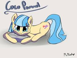 Size: 1769x1350 | Tagged: safe, artist:a8f12, coco pommel, earth pony, pony, g4, adorable face, blue eyes, blue hair, cocobetes, cute, female, happy, hug, looking at you, lying down, mare, pillow, pillow hug, signature, simple background, solo, squished face