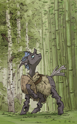 Size: 1000x1610 | Tagged: safe, artist:koviry, oc, oc only, oc:dirge, changeling, asian conical hat, bamboo, birch tree, broken horn, changeling oc, digital noise, fanfic art, forest, hat, horn, looking up, solo, straw hat, tree