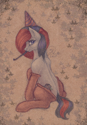 Size: 1741x2508 | Tagged: safe, artist:kimsteinandother, oc, oc only, oc:kim stein, earth pony, pony, clothes, female, hat, mare, party hat, party horn, sad, sitting, socks, solo, traditional art