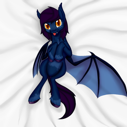 Size: 900x900 | Tagged: source needed, safe, artist:bevendre, oc, oc only, oc:midnight oil, bat pony, pony, :p, bat pony oc, bat wings, on back, realistic anatomy, solo, tongue out, wing claws