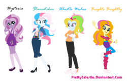 Size: 1180x752 | Tagged: safe, artist:prettycelestia, brights brightly, star catcher, whistle wishes, wysteria, human, equestria girls, g3, g4, 2000s, 80s hair, adorabrights, catcherbetes, clothes, cute, equestria girls-ified, g3 to equestria girls, g3 whistlebetes, generation leap, high heels, pants, shirt, shoes, simple background, skirt, trainers, white background, wysteriadorable