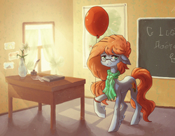 Size: 1777x1380 | Tagged: safe, artist:koviry, oc, oc only, pony, balloon, chalkboard, classroom, clothes, glasses, scarf, solo, teacher